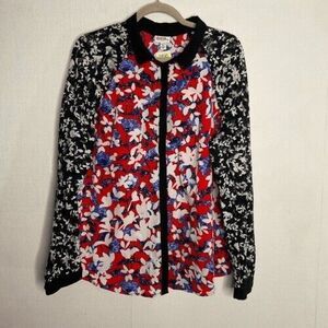 Peter Pilotto Lace Sleeve Button Up Glam Artsy Shirt Womens Size XL Black/Red